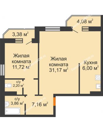 2 комнатная квартира 65,84 м² в ЖК Суворовский, дом Литер 1, Участок 120