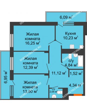 3 комнатная квартира 81,54 м² в ЖК Циолковский, дом № 6