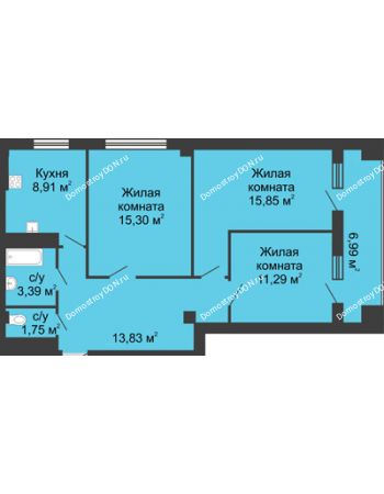 3 комнатная квартира 74,09 м² в  ЖК РИИЖТский Уют, дом Секция 1-2