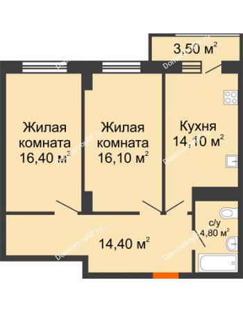 2 комнатная квартира 66,9 м² в ЖК Восточный парк, дом Литер 3