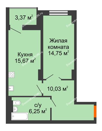 1 комнатная квартира 48,39 м² в ЖК Аврора, дом № 3