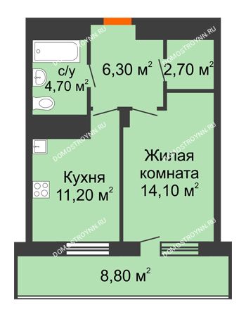 1 комнатная квартира 43,4 м² в ЖК Корица, дом № 1