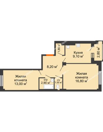2 комнатная квартира 56,1 м² в ЖК Новая Пальмира, дом № 47