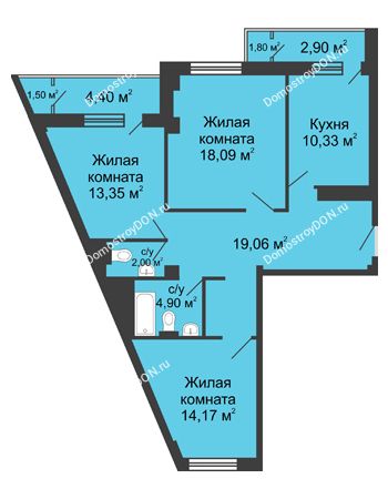 3 комнатная квартира 88,7 м² в ЖК НОРД-Премьер, дом № 12