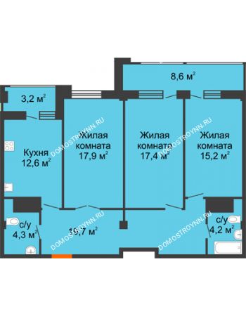3 комнатная квартира 97,2 м² в ЖК Квартет, дом № 3