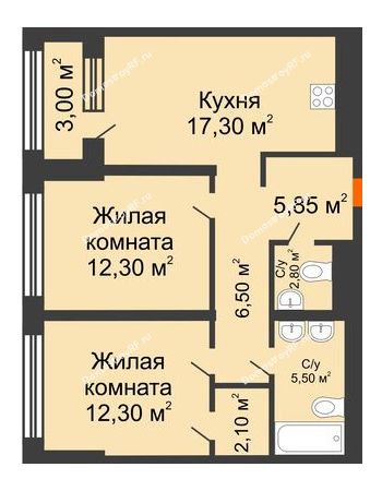 2 комнатная квартира 65,6 м² в ЖК Речной порт, дом № 1