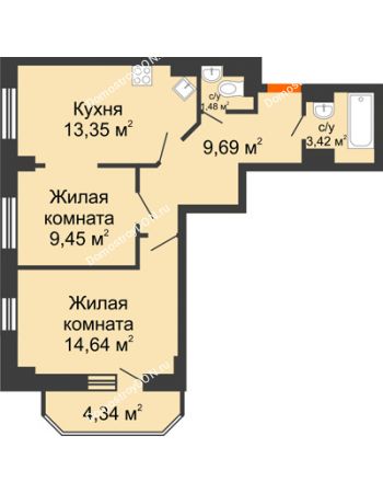 2 комнатная квартира 56,37 м² в ЖК Горизонт, дом № 2