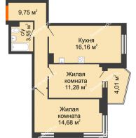 2 комнатная квартира 57,73 м² в ЖК Сердце Ростова 2, дом Литер 1 - планировка