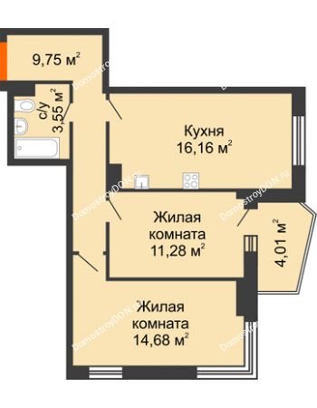 2 комнатная квартира 57,73 м² в ЖК Сердце Ростова 2, дом Литер 1