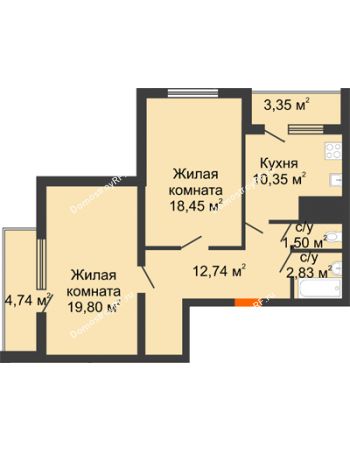 2 комнатная квартира 73,77 м² - ЖК Дом у Самолета