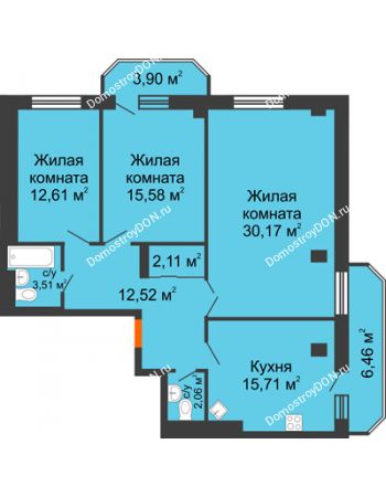 3 комнатная квартира 104,63 м² в ЖК Горизонт, дом № 2