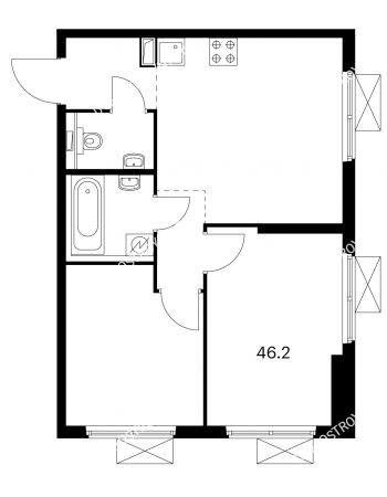 2 комнатная квартира 46,2 м² в ЖК Савин парк, дом корпус 1