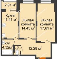 2 комнатная квартира 62,64 м² в ЖК Суворов-Сити, дом 2 очередь секция 1-5 - планировка