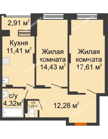 2 комнатная квартира 62,64 м² в ЖК Суворов-Сити, дом 2 очередь секция 1-5