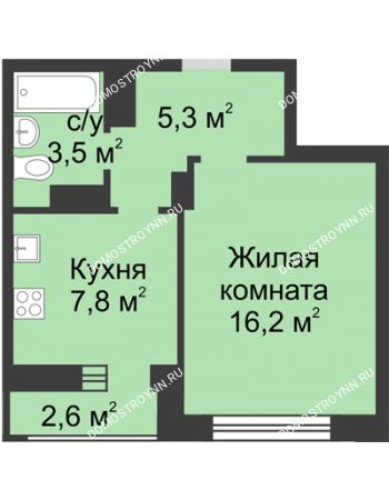 1 комнатная квартира 34,1 м² в ЖК Аквамарин, дом № 5