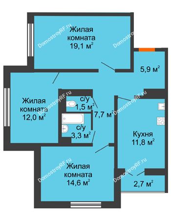 3 комнатная квартира 77,3 м² в ЖК По ул. Космонавтов, 23в, дом Позиция 2