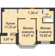 2 комнатная квартира 50,41 м² в ЖК Светлоград, дом Литер 16 - планировка