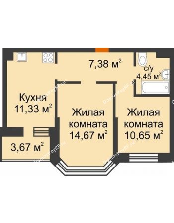 2 комнатная квартира 50,41 м² в ЖК Светлоград, дом Литер 16