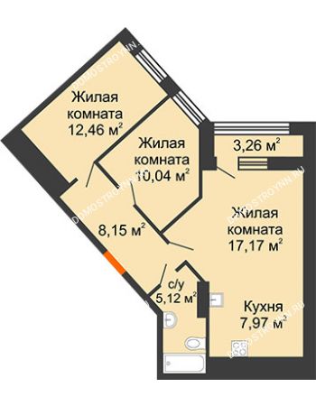 2 комнатная квартира 62,54 м² в ЖК Дом на Набережной, дом № 1