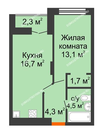 1 комнатная квартира 41,45 м² в ЖК Заречье, дом №1, секция 2