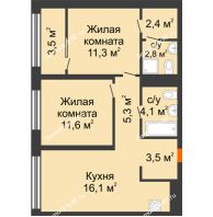 2 комнатная квартира 58,5 м² в Квартал Новин, дом 6 очередь ГП-6 - планировка