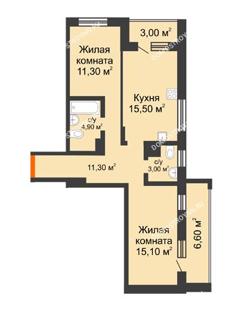 2 комнатная квартира 70,4 м² в ЖК Подкова на Цветочной, дом № 9