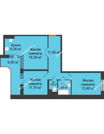3 комнатная квартира 69,1 м² в ЖК Перспектива, дом Литер 3.5
