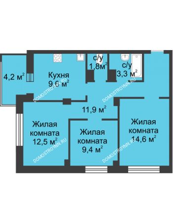 3 комнатная квартира 65,2 м² в ЖК Аквамарин, дом №2
