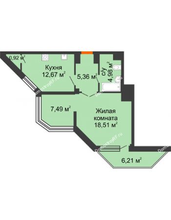 1 комнатная квартира 49,55 м² в ЖК Чернавский, дом 2 этап 