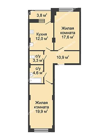2 комнатная квартира 69 м² в ЖК Цветы, дом № 18