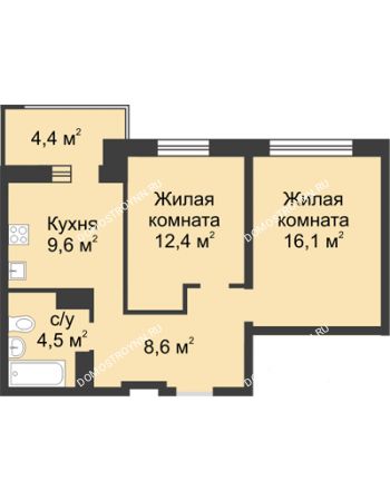 2 комнатная квартира 53,4 м² в ЖК Аквамарин, дом №2