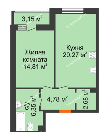 1 комнатная квартира 50,45 м² в ЖК Бунин, дом 1 этап, секции 11,12,13,14