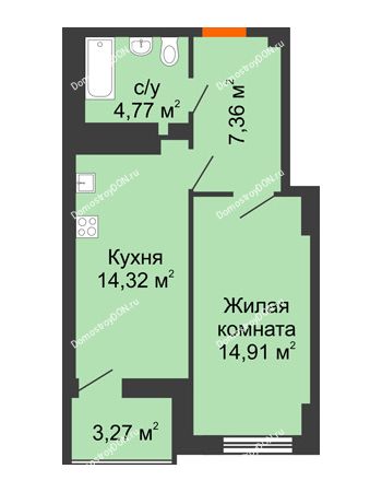 1 комнатная квартира 43 м² в ЖК Аврора, дом № 3